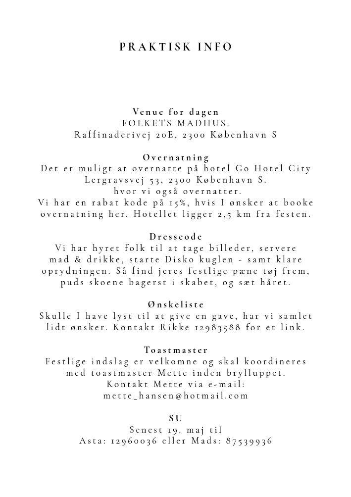 Bryllup - Asta og Mads, praktisk info